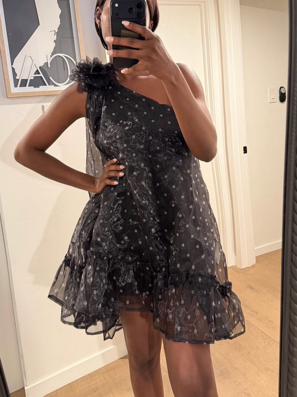 SHEIN Black One-Shoulder Ruffle Mini Dress with Floral Shoulder Detail